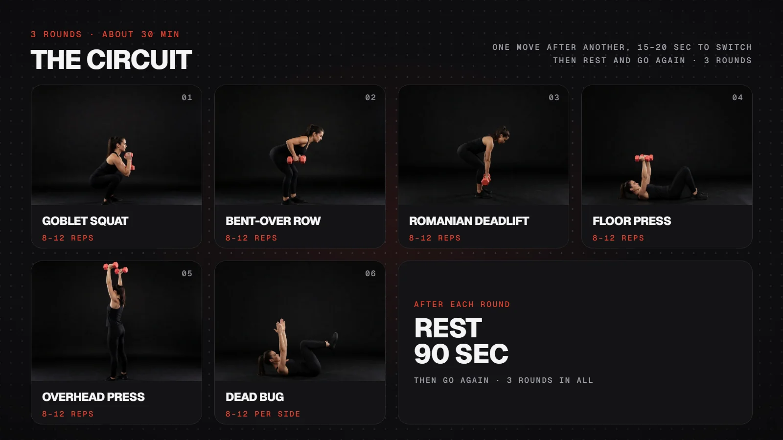 The circuit: goblet squat, bent-over row, Romanian deadlift, floor press, overhead press and dead bug, 8-12 reps each